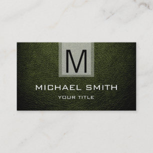 Dark Green Leather Textured Monogram Business Card