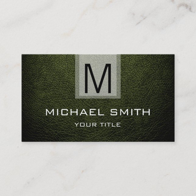 Dark Green Leather Textured Monogram Business Card (Front)