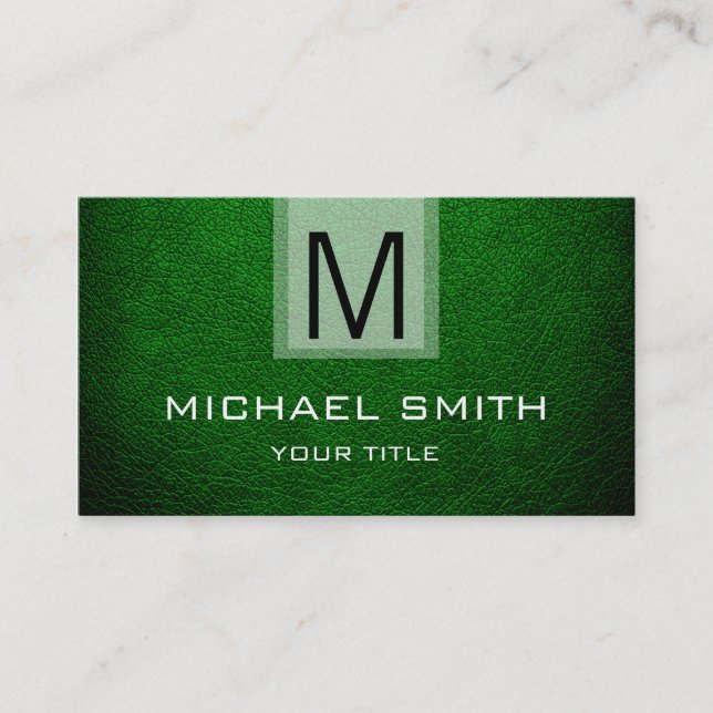 Dark Green Leather Textured Monogram Business Card (Front)