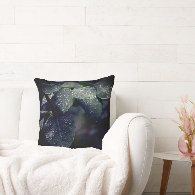 Dark Green Leaves and Raindrops Throw Pillow (Couch)