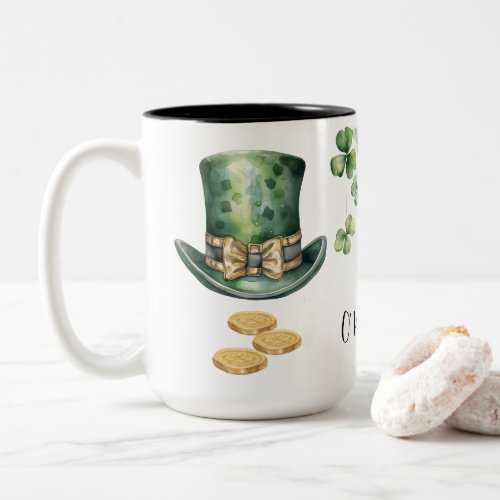 Dark Green Leprechaun Hat and Gold Coins Two_Tone Coffee Mug