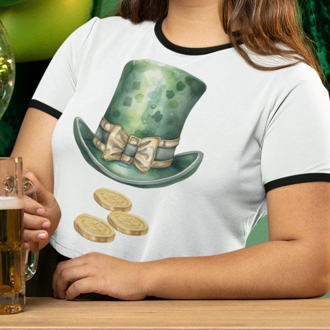 Dark Green Leprechaun Hat with Gold Coins T-Shirt (Festive leprechaun hat with gold coins t shirt for St Patrick's Day celebrations and parties. )
