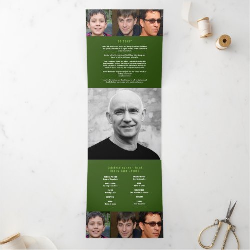 Dark green lime white Funeral service custom photo Tri_Fold Program