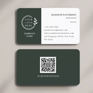 Dark Green Logo QR Code Minimalist Business Card
