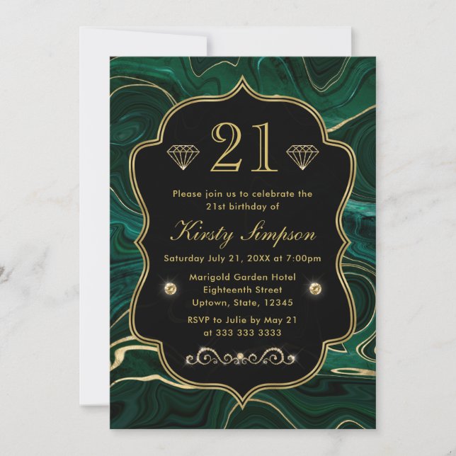 Dark Green Malachite and Gold Foil Strata Birthday Invitation (Front)