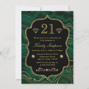 Dark Green Malachite and Gold Foil Strata Birthday Invitation