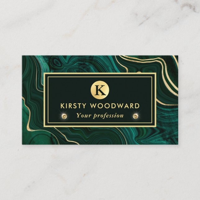 Dark Green Malachite and Gold Foil Strata Veining Business Card (Front)