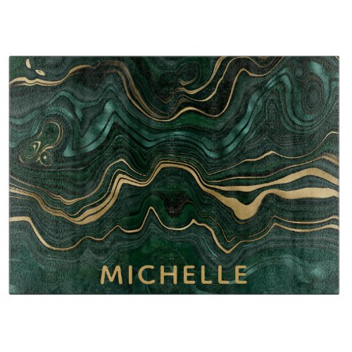 Dark Green Malachite and Gold Foil Strata Veining Cutting Board