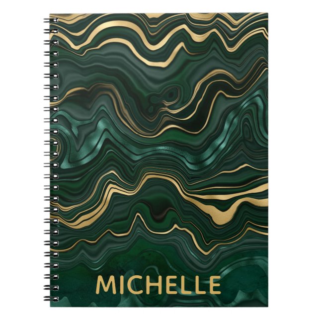 Dark Green Malachite and Gold Foil Strata Veining Notebook (Front)