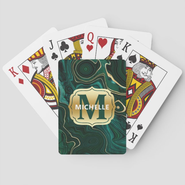 Dark Green Malachite and Gold Foil Strata Veining Poker Cards (Back)