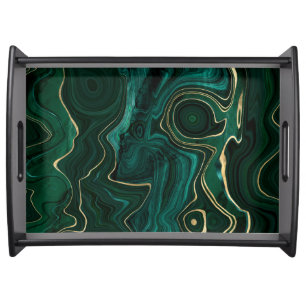 Dark Green Malachite and Gold Foil Strata Veining Serving Tray