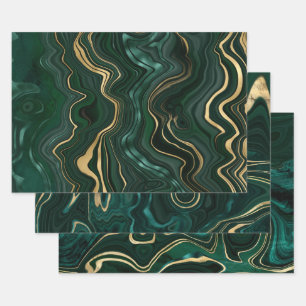 Dark Green Malachite and Gold Foil Strata Veining Wrapping Paper Sheets