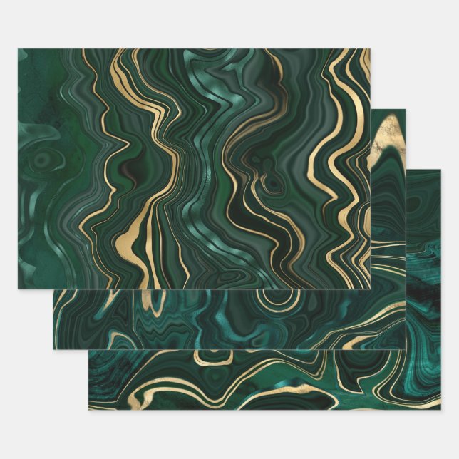 Dark Green Malachite and Gold Foil Strata Veining Wrapping Paper Sheets (Set)