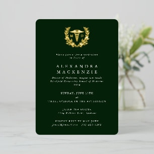 Dark Green MD Caduceus + Laurel Wreath Graduation Foil Invitation