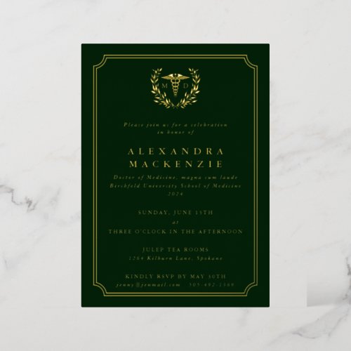 Dark Green MD CaduceusLaurel Wreath Graduation Foil Invitation