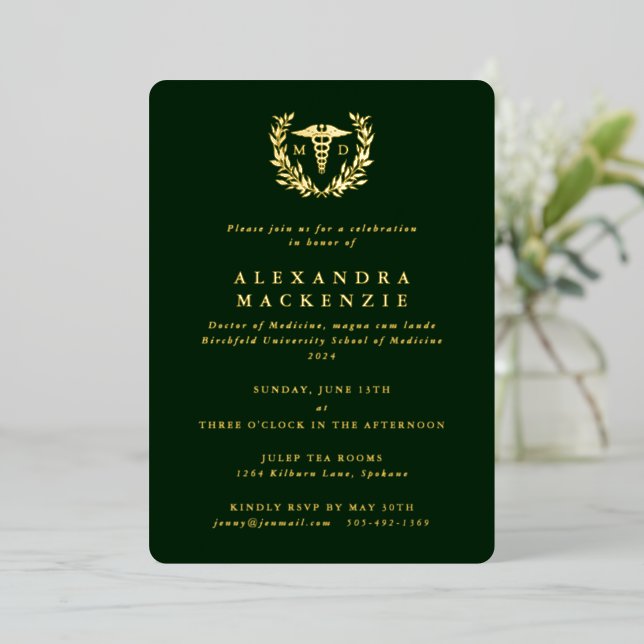 Dark Green MD Caduceus + Laurel Wreath Graduation Foil Invitation (Standing Front)