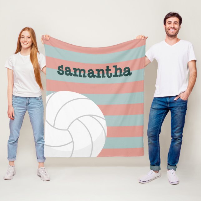 Dark Green & Melon Pink Giant Volleyball Striped Fleece Blanket (In Situ)