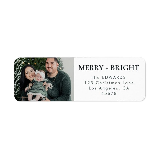 Dark Green Merry and Bright Family Photo Address Label (Front)