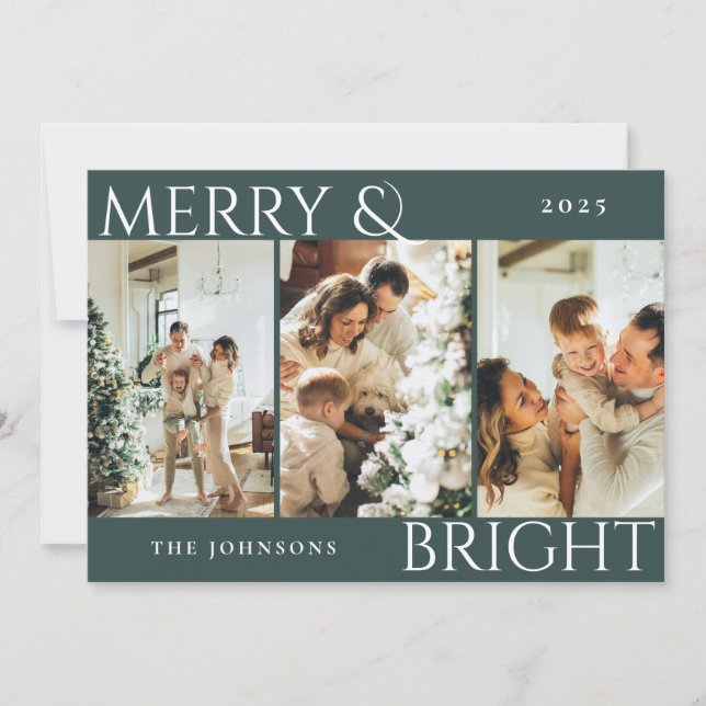 Dark Green Merry & Bright Photo Collage Christmas Holiday Card (Front)