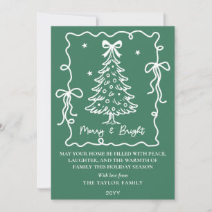 Dark Green Merry & Bright White Hand Drawn Tree Holiday Card