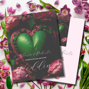 Dark Green Milagro Heart and Pink Roses Wedding Invitation