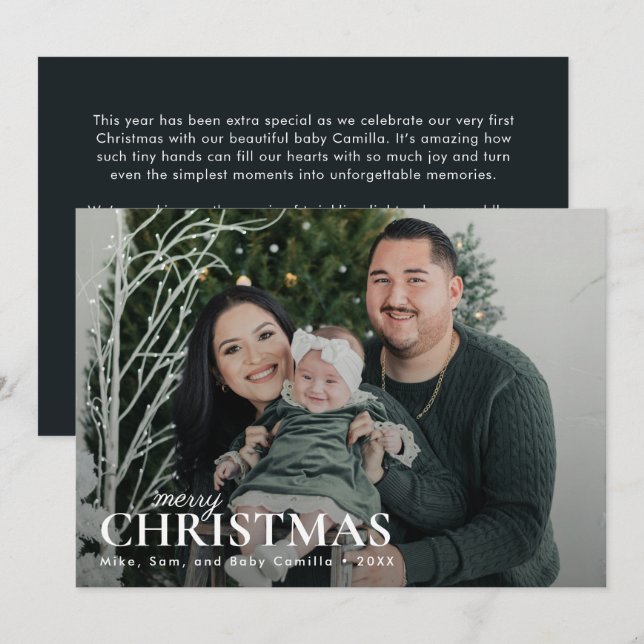 Dark Green Minimal First Christmas Family Photo  Holiday Card (Front/Back)
