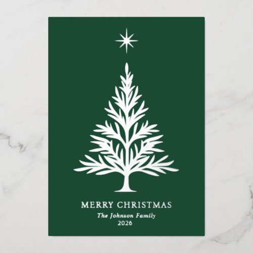 Dark Green Minimalist Christmas Star and Tree Foil Holiday Card