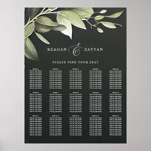 Dark Green Mod Greenery Wedding Seating Chart