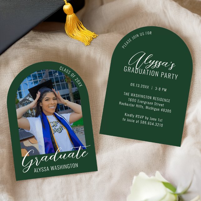 Dark Green Modern Arch Photo Graduation Party Invitation (Creator Uploaded)