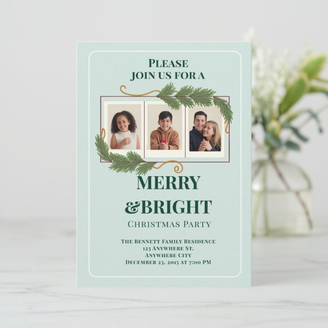 Dark Green Modern Family Photo Christmas Invitation (Standing Front)