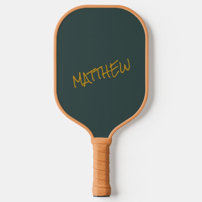 Dark green modern gold lettering script pickleball paddle (Front)