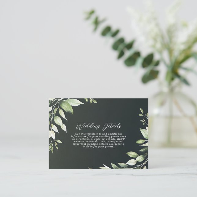Dark Green Modern Greenery Leaves Wedding Details Enclosure Card (Standing Front)