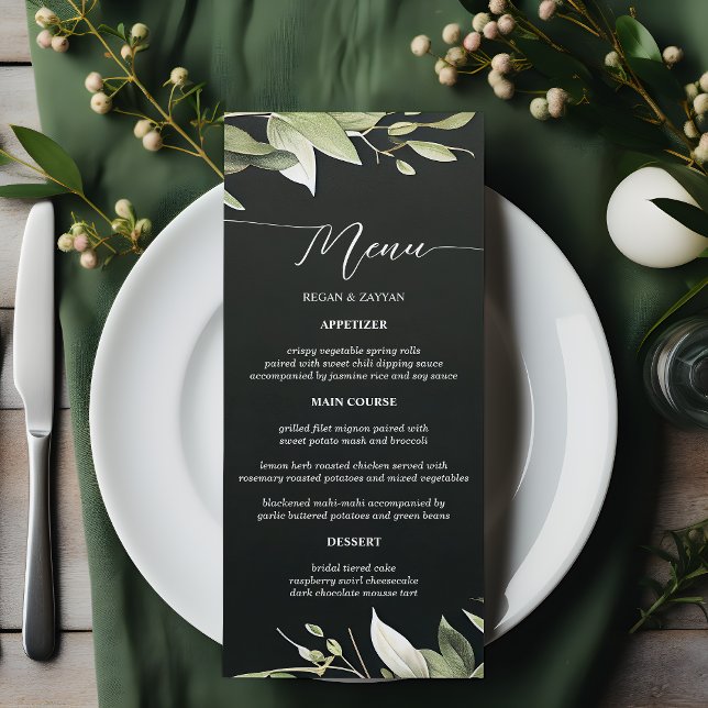 Dark Green Modern Greenery Leaves Wedding Menu (Creator Uploaded)