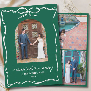 Dark Green Modern Minimalist Married & Merry Photo Holiday Card