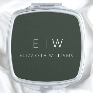Dark Green Modern Minimalist Monogram Name Compact Mirror