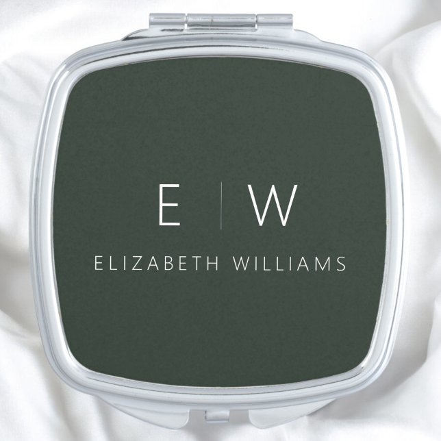 Dark Green Modern Minimalist Monogram Name  Compact Mirror (Creator Uploaded)