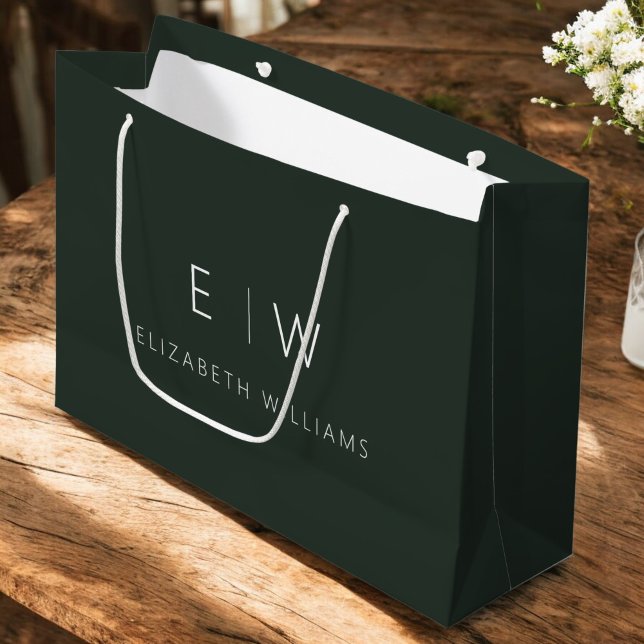 Dark Green Modern Minimalist Monogram Name Large Gift Bag (Creator Uploaded)