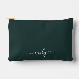 Dark Green Modern Script Monogram Name Accessory Pouch