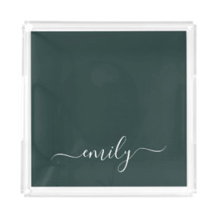 Dark Green Modern Script Monogram Name Acrylic Tray