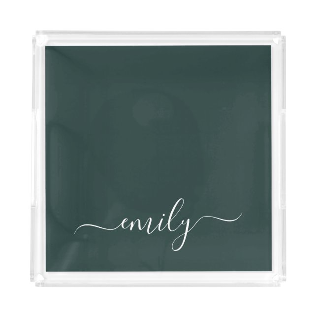 Dark Green Modern Script Monogram Name Acrylic Tray (Front)