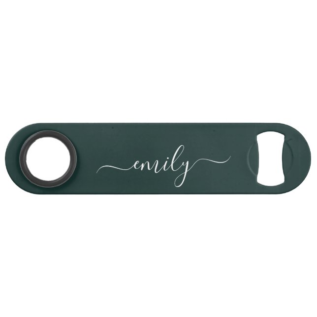 Dark Green Modern Script Monogram Name Bar Key (Front (Horizontal))