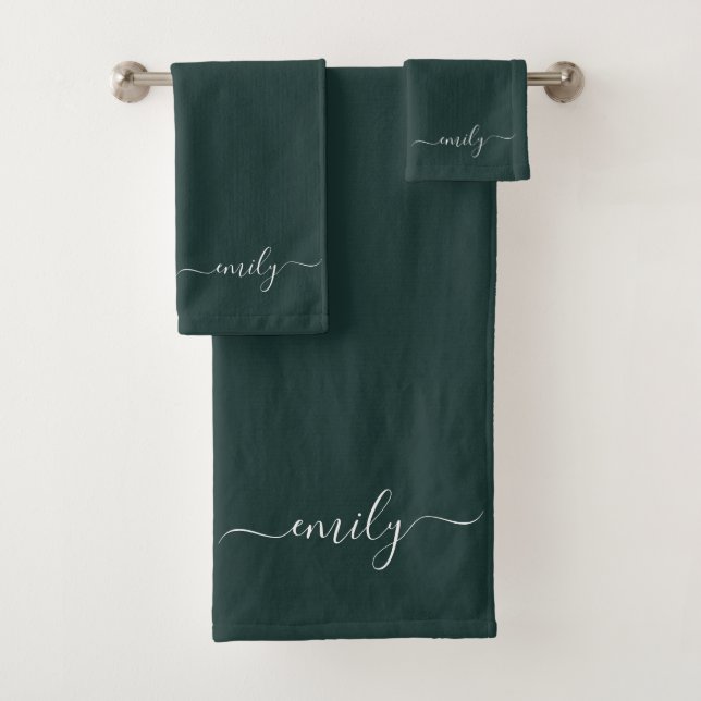 Dark Green Modern Script Monogram Name Bath Towel Set (Insitu)