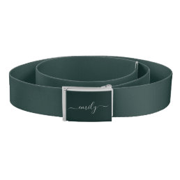 Dark Green Modern Script Monogram Name Belt