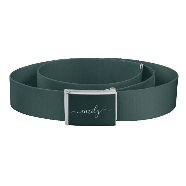Dark Green Modern Script Monogram Name Belt (Coil)