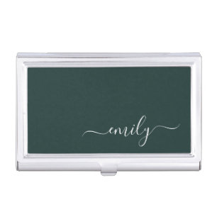 Dark Green Modern Script Monogram Name Business Card Case