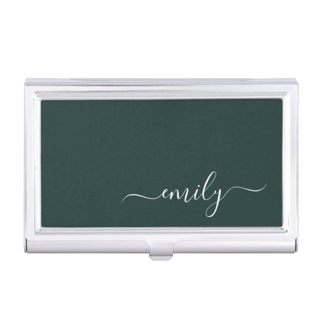 Dark Green Modern Script Monogram Name Business Card Case (Front)