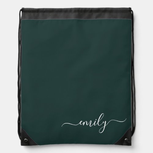Dark Green Modern Script Monogram Name Drawstring Bag