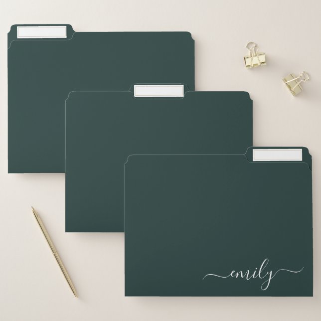 Dark Green Modern Script Monogram Name File Folder (Set)