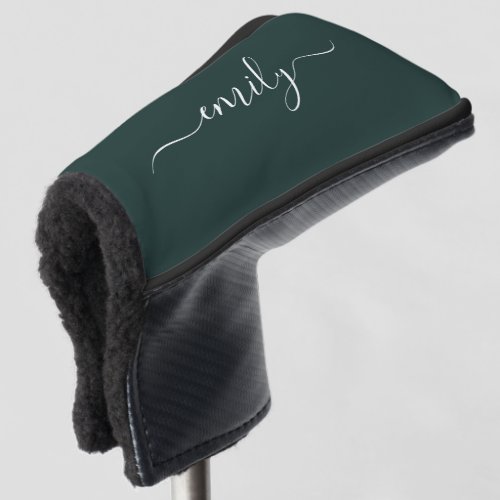 Dark Green Modern Script Monogram Name Golf Head Cover