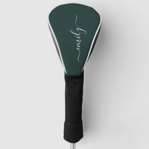 Dark Green Modern Script Monogram Name Golf Head Cover